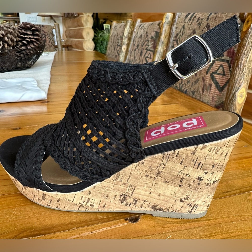 Women's Black Wedge Sandals With Woven Braided Details Cork Heel  & Open Toe.